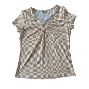 Willow & Root Checkered Key Hole Gold White Summer Shirt Women’s Size Large NWT